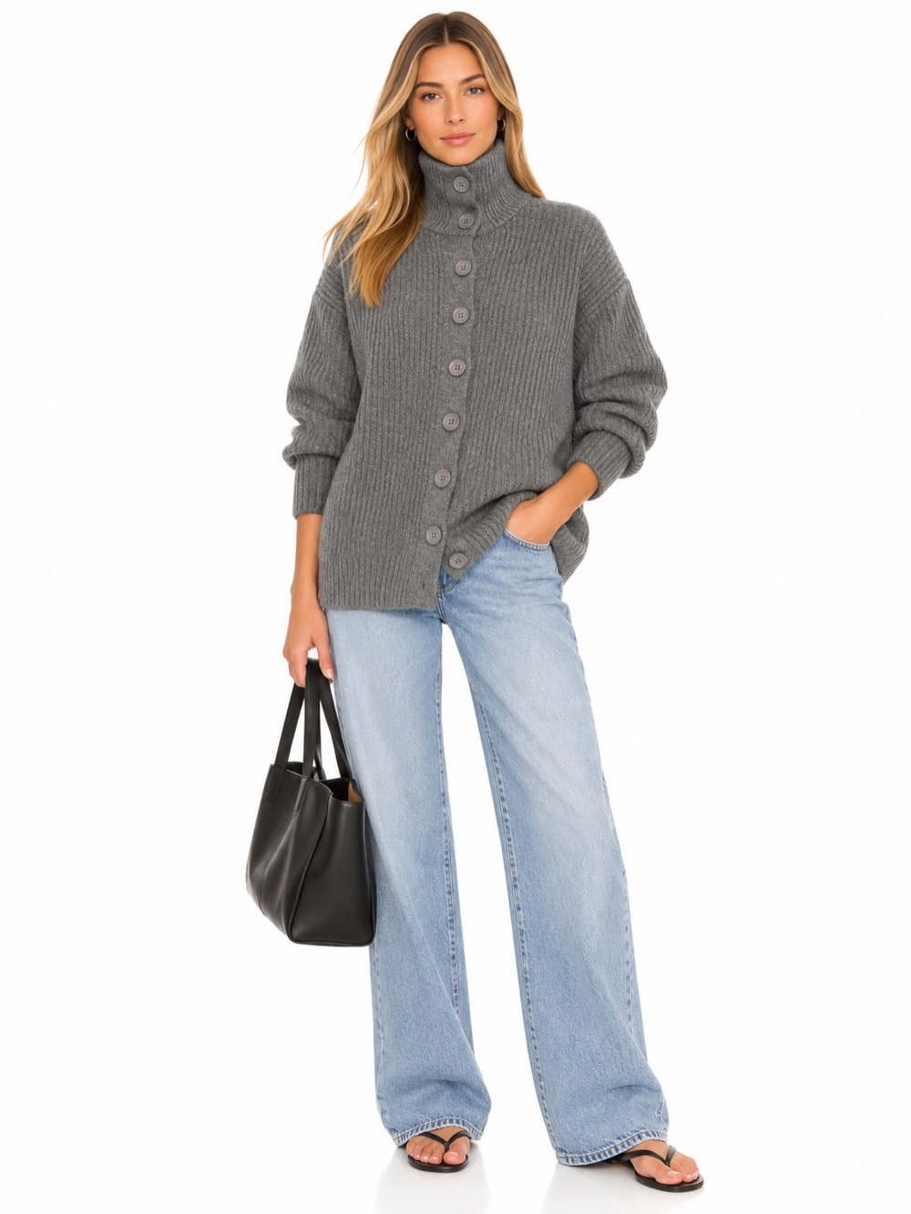 Gray Button-Front Ribbed Turtleneck Sweater - Picture 2 of 11